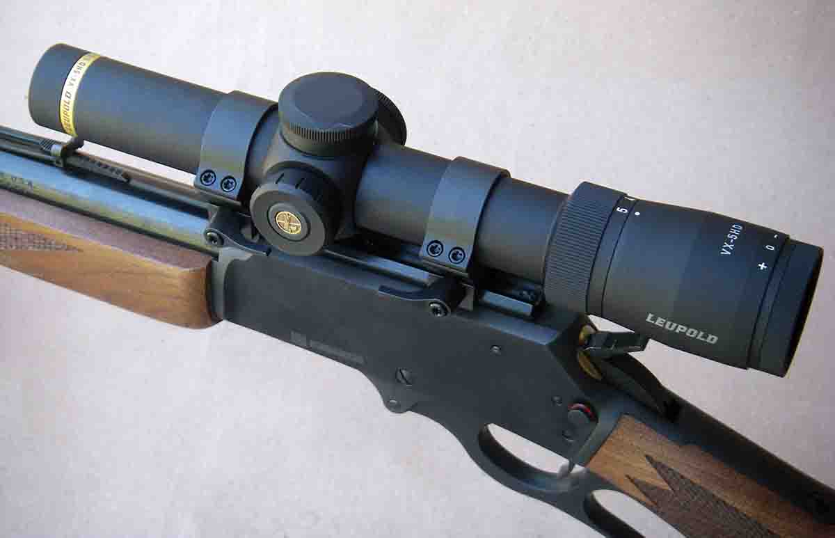 A Leupold VX-5HD 1-5x 24mm scope was installed to test .444 Marlin handloads for accuracy.